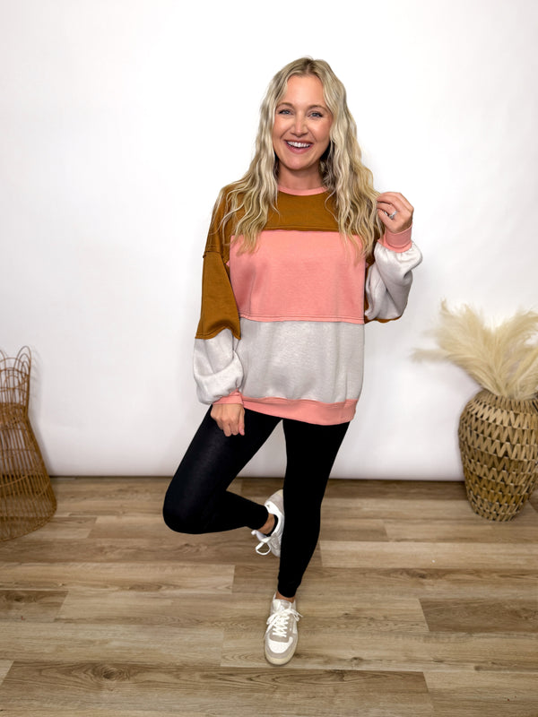 Fleece lined Colorblock crew neck pullover pink, camel, light grey