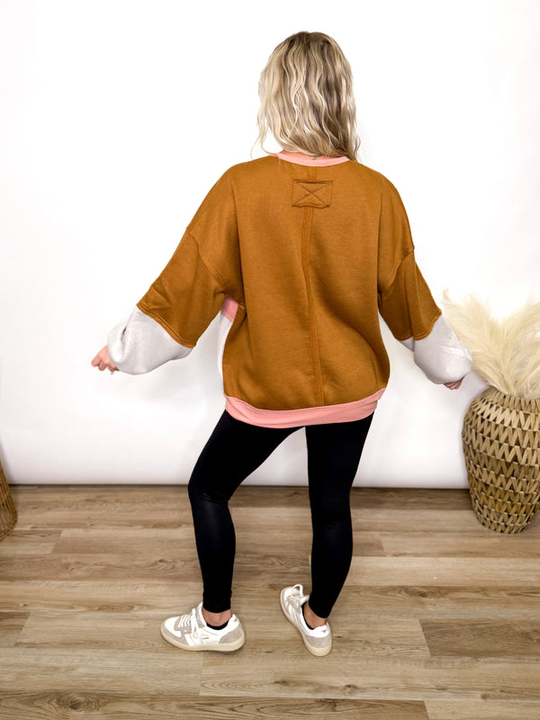 Fleece lined Colorblock crew neck pullover pink, camel, light grey