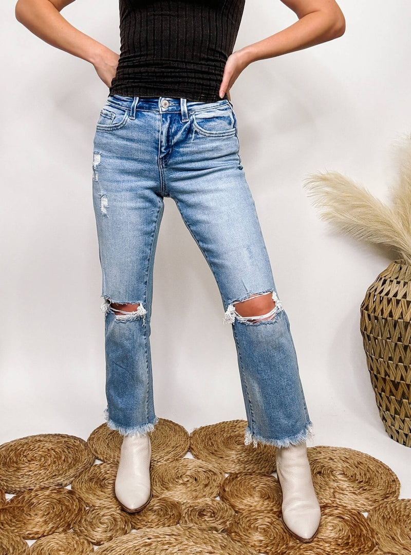 High Rise Cropped Flare Straight Leg Jeans Distressed with Frayed Hem Comfort Stretch Denim Vervet by Flying Monkey 93% Cotton, 5% Polyester, 2% Spandex 10" Rise, 26.5" Inseam