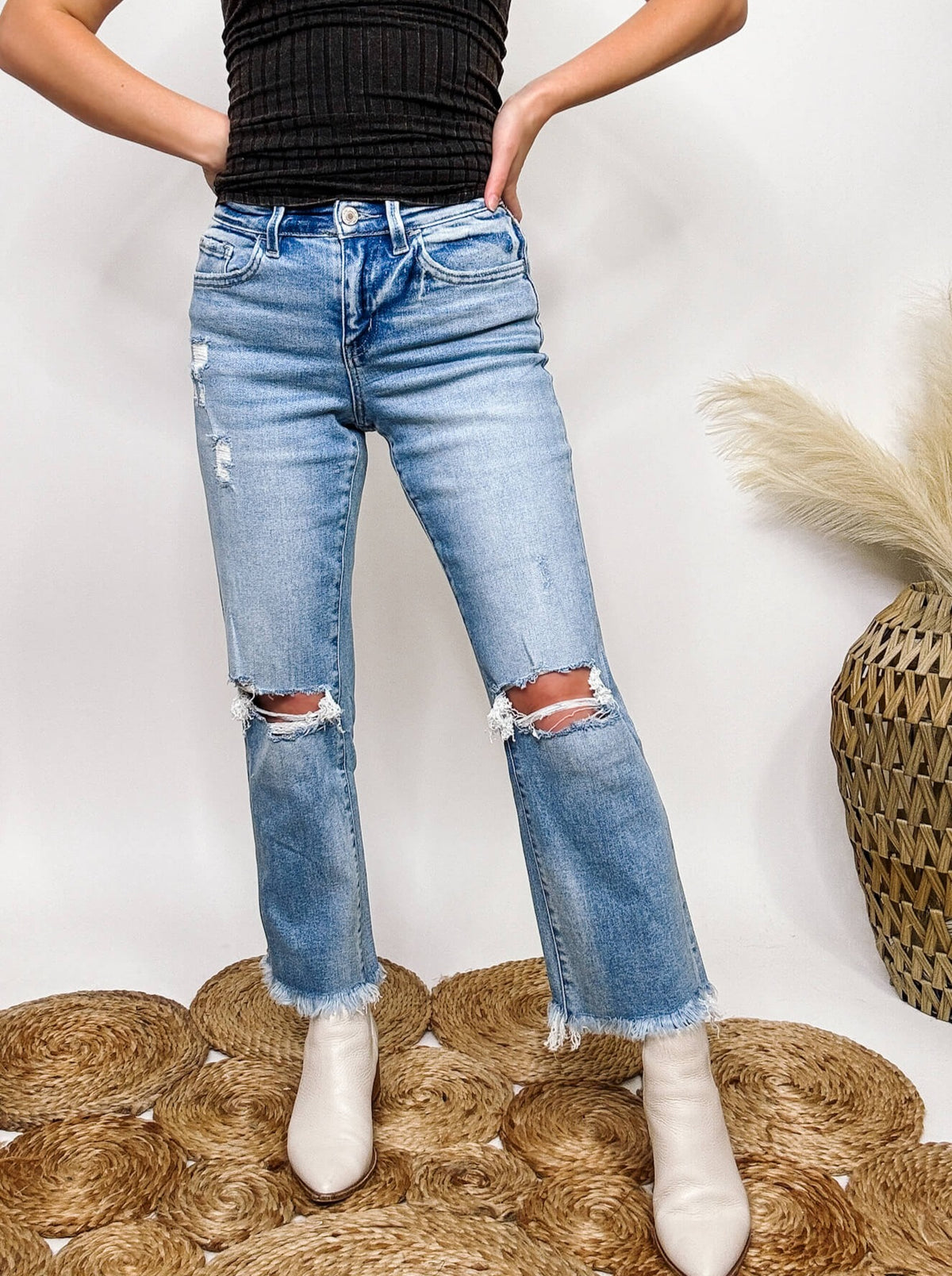 High Rise Cropped Flare Straight Leg Jeans Distressed with Frayed Hem Comfort Stretch Denim Vervet by Flying Monkey 93% Cotton, 5% Polyester, 2% Spandex 10" Rise, 26.5" Inseam