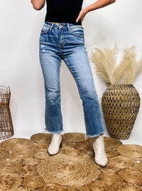 High Rise Kick Flare Jeans Frayed Hem Cropped Length Distressed Ankles Vervet by Flying Monkey Stretchy 90.5% Cotton, 7.5% Polyester, 2% Spandex 10" Rise, 26.5" Inseam