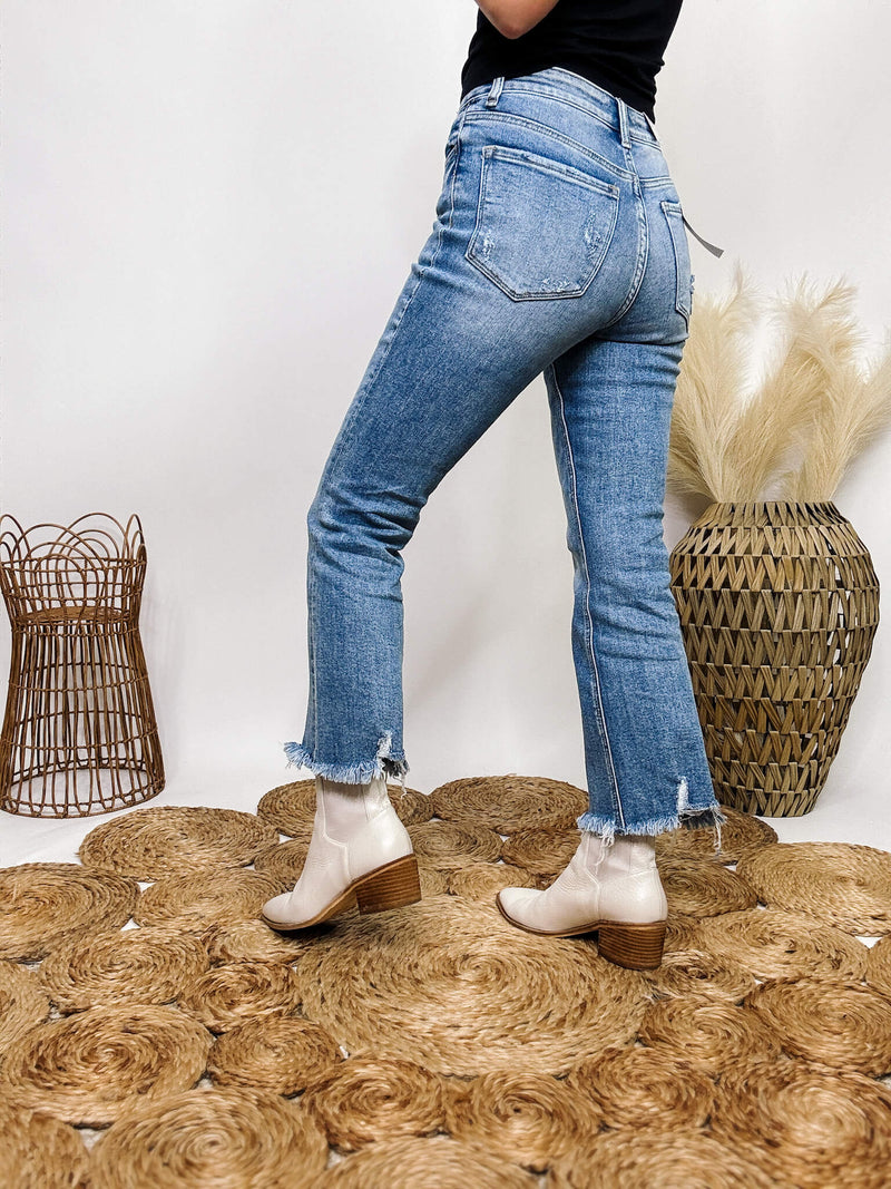 High Rise Kick Flare Jeans Frayed Hem Cropped Length Distressed Ankles Vervet by Flying Monkey Stretchy 90.5% Cotton, 7.5% Polyester, 2% Spandex 10" Rise, 26.5" Inseam