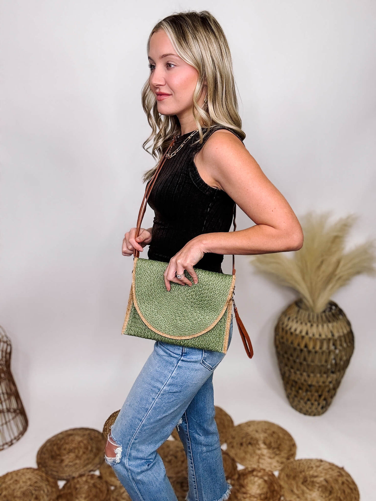 Frayed Hem Straw Crossbody Clutch Bag in Olive Magnetic Closure Removable Wristlet & Cross Body Straps Body Approximately 11"W X 8.5" T Strap Drop 14-26" L