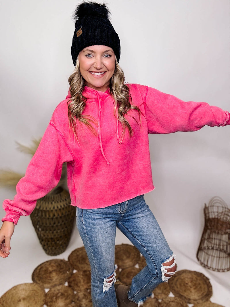Zenana Fuchsia Hot Pink Acid Washed Long Sleeve Pullover Hoodie Cropped Length Raw Bottom Hem Fleece Lined Relaxed Fit 60% Cotton, 40% Polyester ** Each item will be unique due to the acid wash.