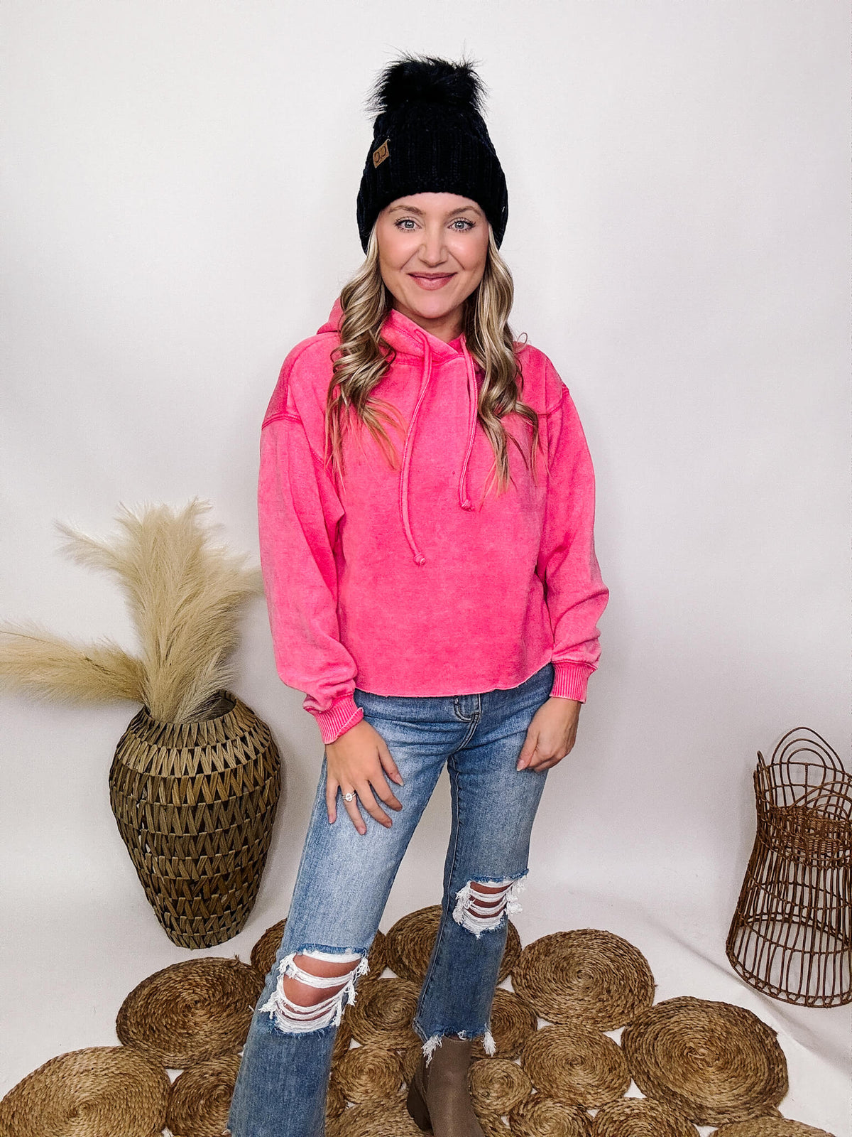 Zenana Fuchsia Hot Pink Acid Washed Long Sleeve Pullover Hoodie Cropped Length Raw Bottom Hem Fleece Lined Relaxed Fit 60% Cotton, 40% Polyester ** Each item will be unique due to the acid wash.