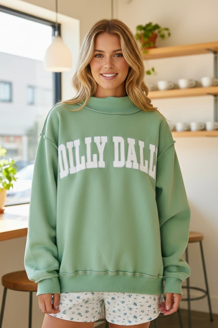 Embroidered Dilly Dally Mock Neck Sweatshirt in Sage Green