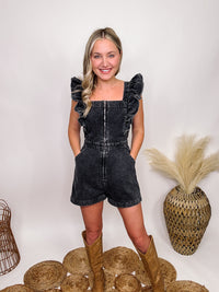 Gilli Black Washed Denim Ruffle Statement Sleeves Romper Zip up Front Stretchy Elastic Waist Double Side Pockets Square Neckline True to Size 92% Cotton, 8% Polyester
