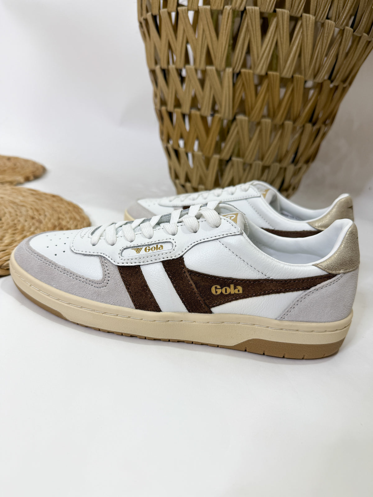 Gola Women's Hawk Sneakers in White/Dark BRown/Gold