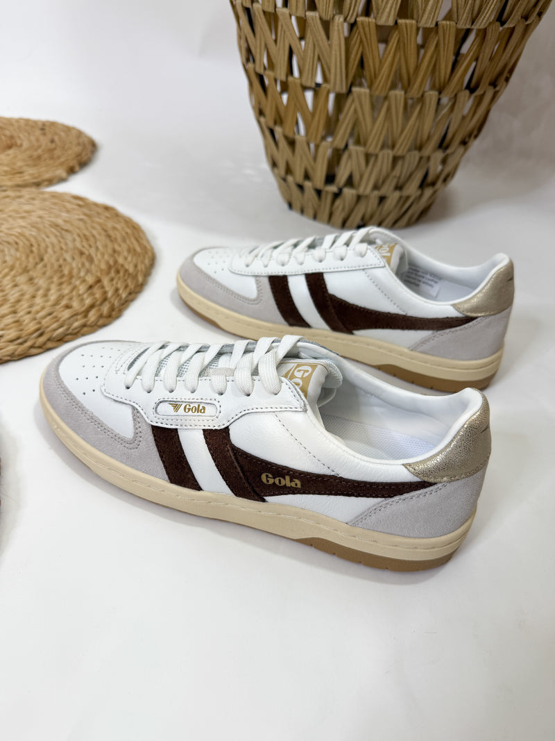 Gola Women's Hawk Sneakers in White/Dark BRown/Gold