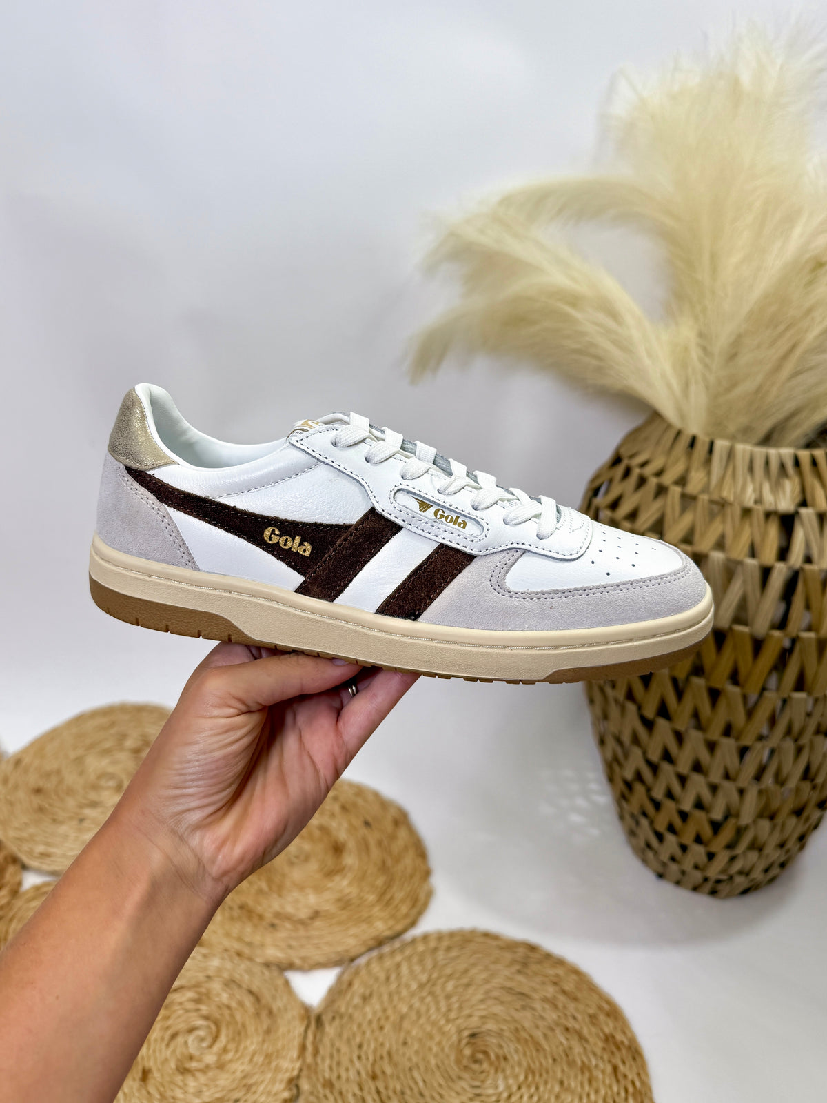 Gola Women's Hawk Sneakers in White/Dark Brown/Gold