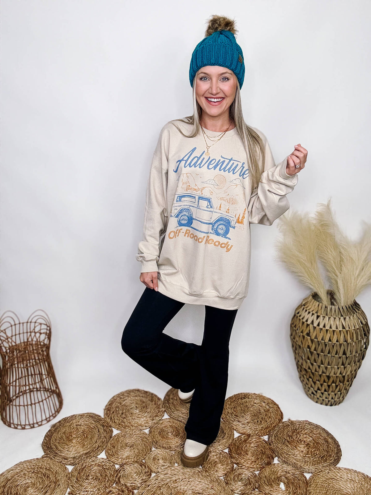 Golden Rose Co Sand Beige, Blue and Camel Adventure Off-Road Ready Oversized Graphic Sweatshirt Fuzzy Inside Loose Oversized Fit 80% Ring-Spun Cotton, 20% Polyester
