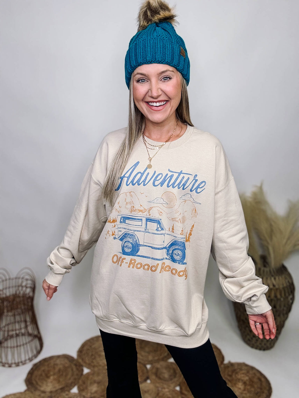Golden Rose Co Sand Beige, Blue and Camel Adventure Off-Road Ready Oversized Graphic Sweatshirt Fuzzy Inside Loose Oversized Fit 80% Ring-Spun Cotton, 20% Polyester