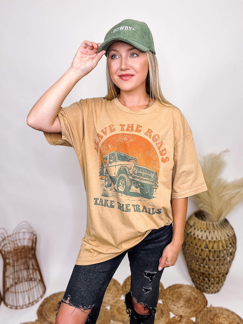 Golden Rose Co Leave the Roads Take the Trails Graphic T-Shirt Loose Oversized Fit 100% Cotton