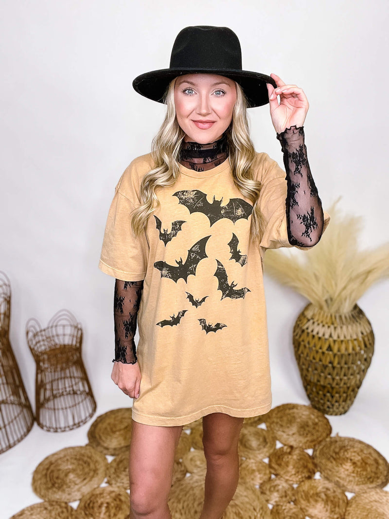 Tan Black Distressed Bats Halloween Graphic T-Shirt Loose Oversized Fit 100% Cotton