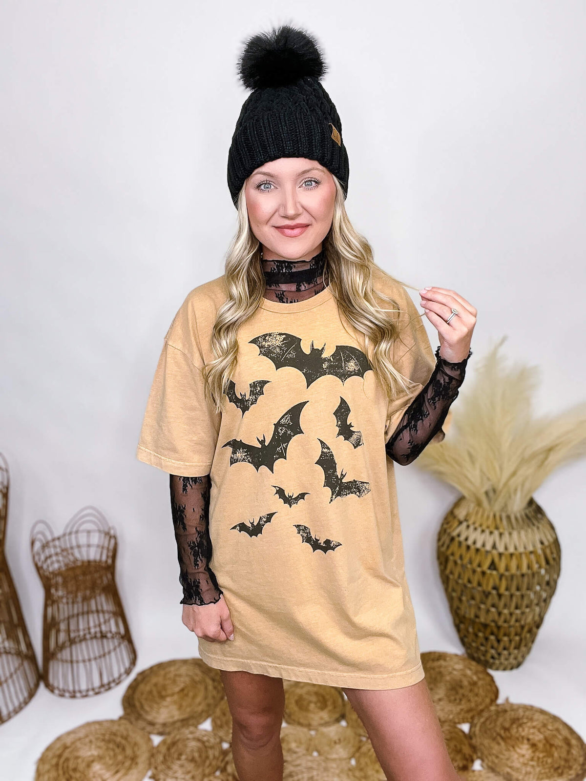 Tan Black Distressed Bats Halloween Graphic T-Shirt Loose Oversized Fit 100% Cotton