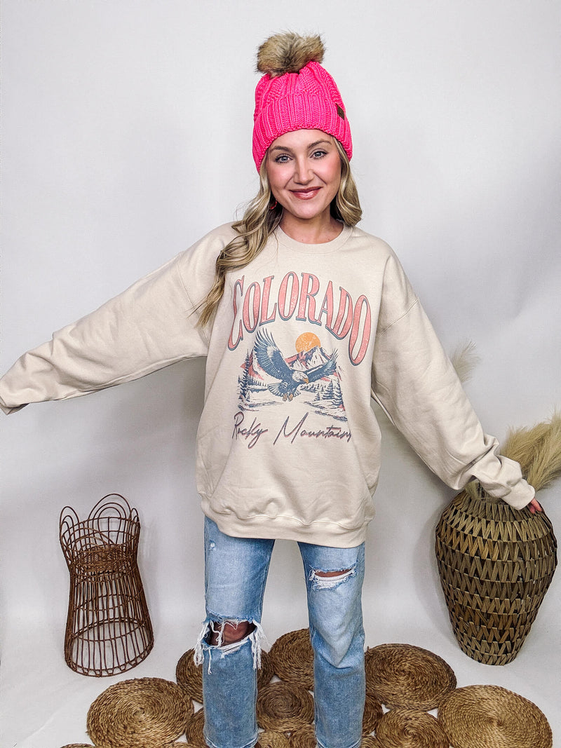 Golden Rose Co Rocky Mountains Oversized Graphic Sweatshirt Fleece Lined Loose Oversized Fit 80% Ring-Spun Cotton, 20% Polyester