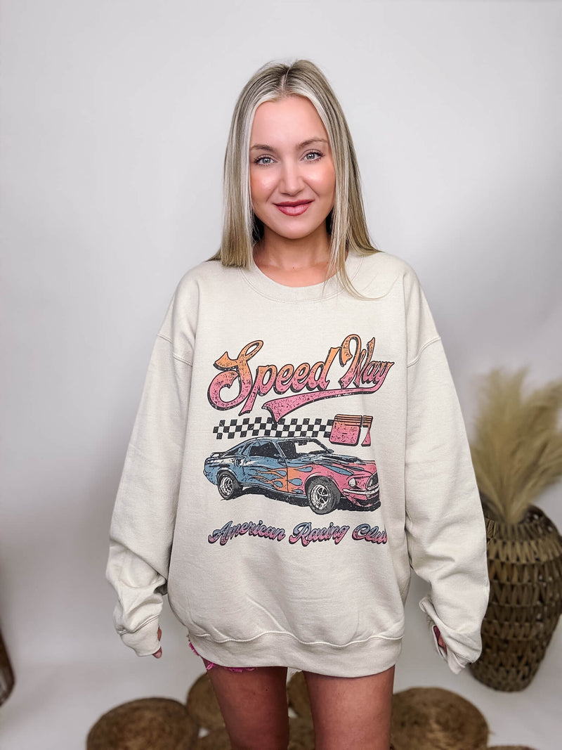 Golden Rose Co Speed Way American Racing Club Oversized Graphic Sweatshirt Car and Checker Print Graphic Oversized Graphic Sweatshirt Fleece Lined Loose Oversized Fit 80% Ring-Spun Cotton, 20% Polyester