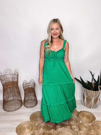 Kelly Green Boho Maxi Dress Ruched Smocked Stretchy Adjustable Bust Functioning Drawstring at Bust Stretchy Ruffle Straps Ruffle Details Throughout Flowy Fit True to Size