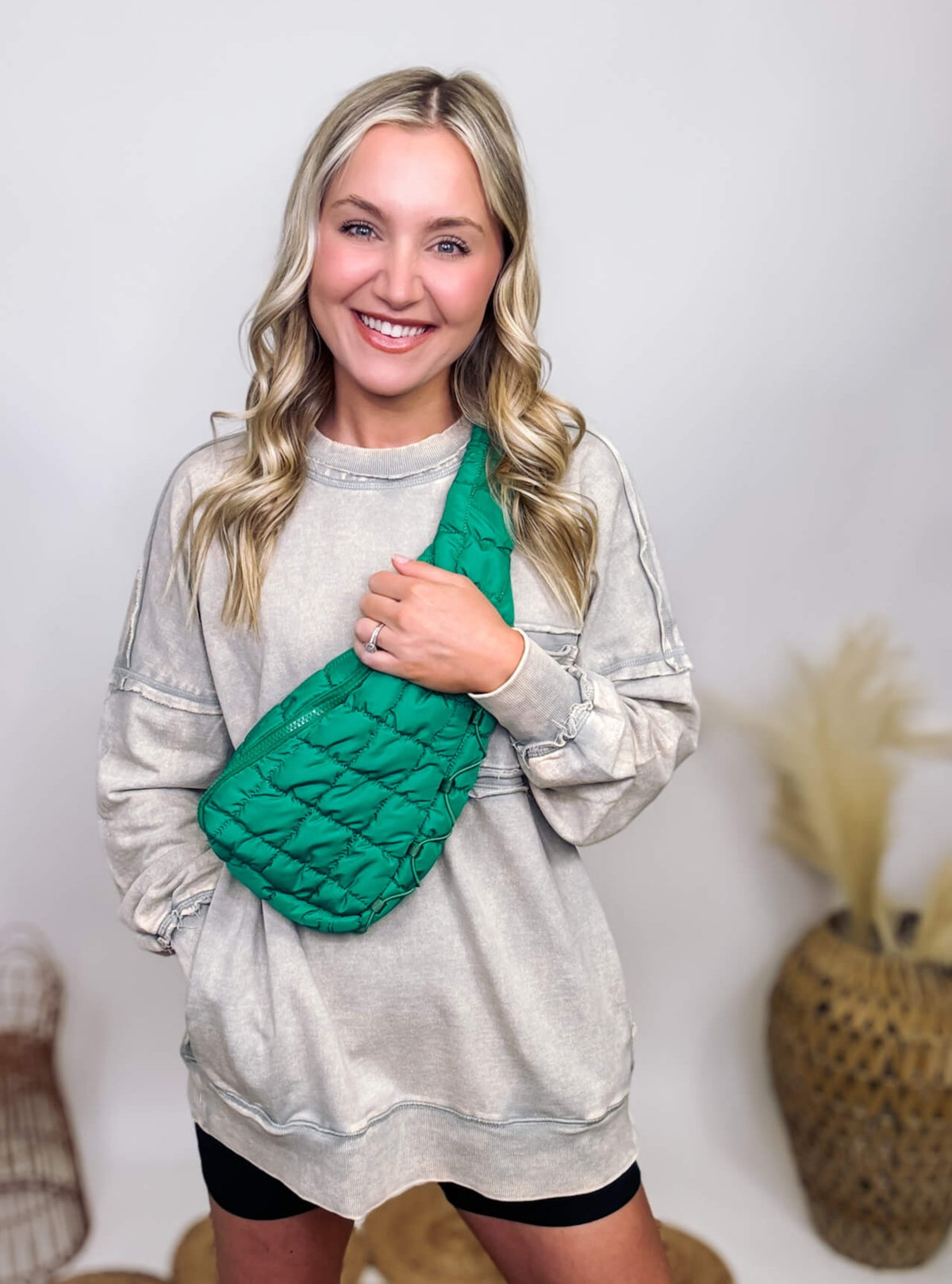 Green Quilted Puffer Sling Bag With Adjustable Cross Body Strap & Drawstring Detail