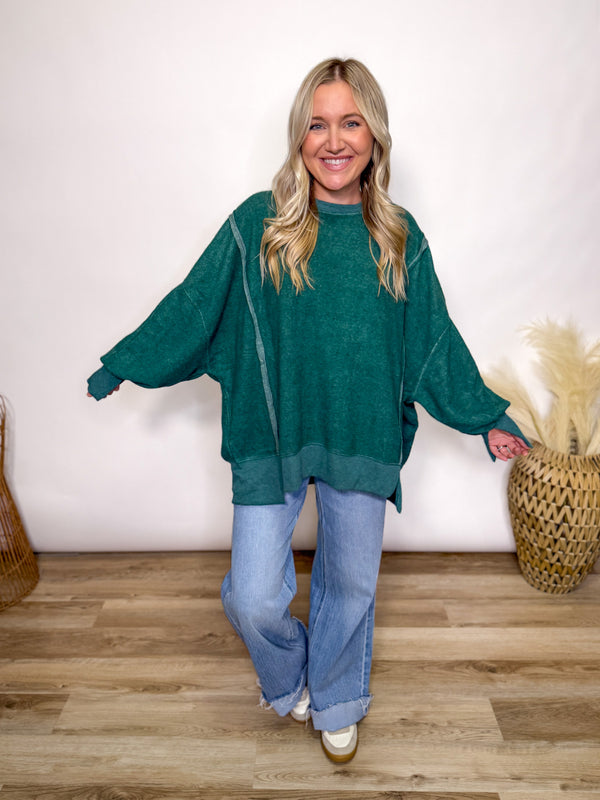 Green oversized fleece crew neck pullover