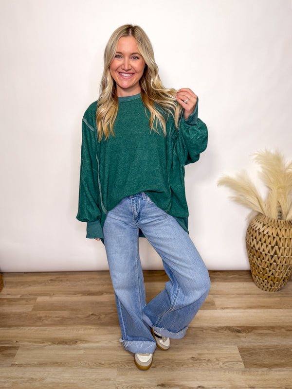 Green oversized fleece crew neck pullover