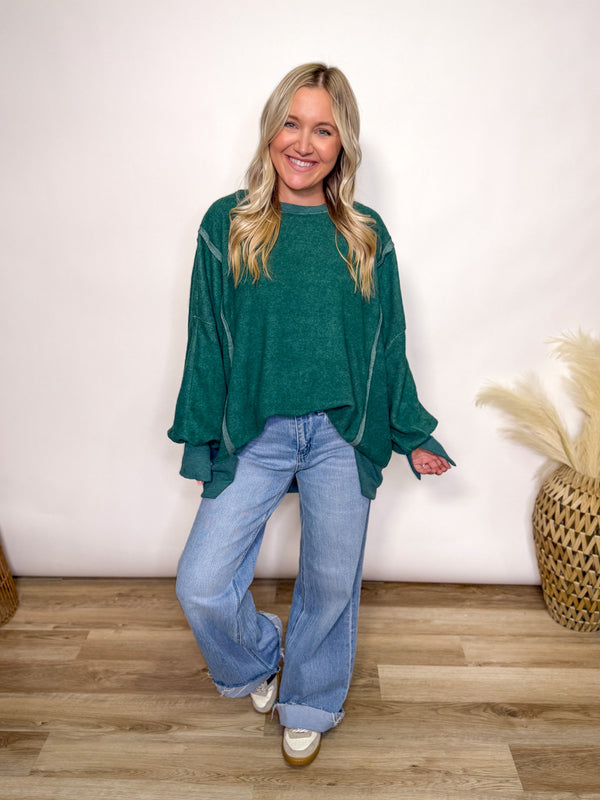 Green oversized fleece crew neck pullover 