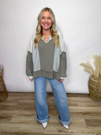 Grey Mixed Fabric Notched Neck Long Sleeve Oversized Knit Top. By POL