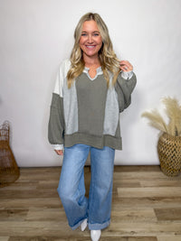 Grey Mixed Fabric Notched Neck Long Sleeve Oversized Knit Top. By POL