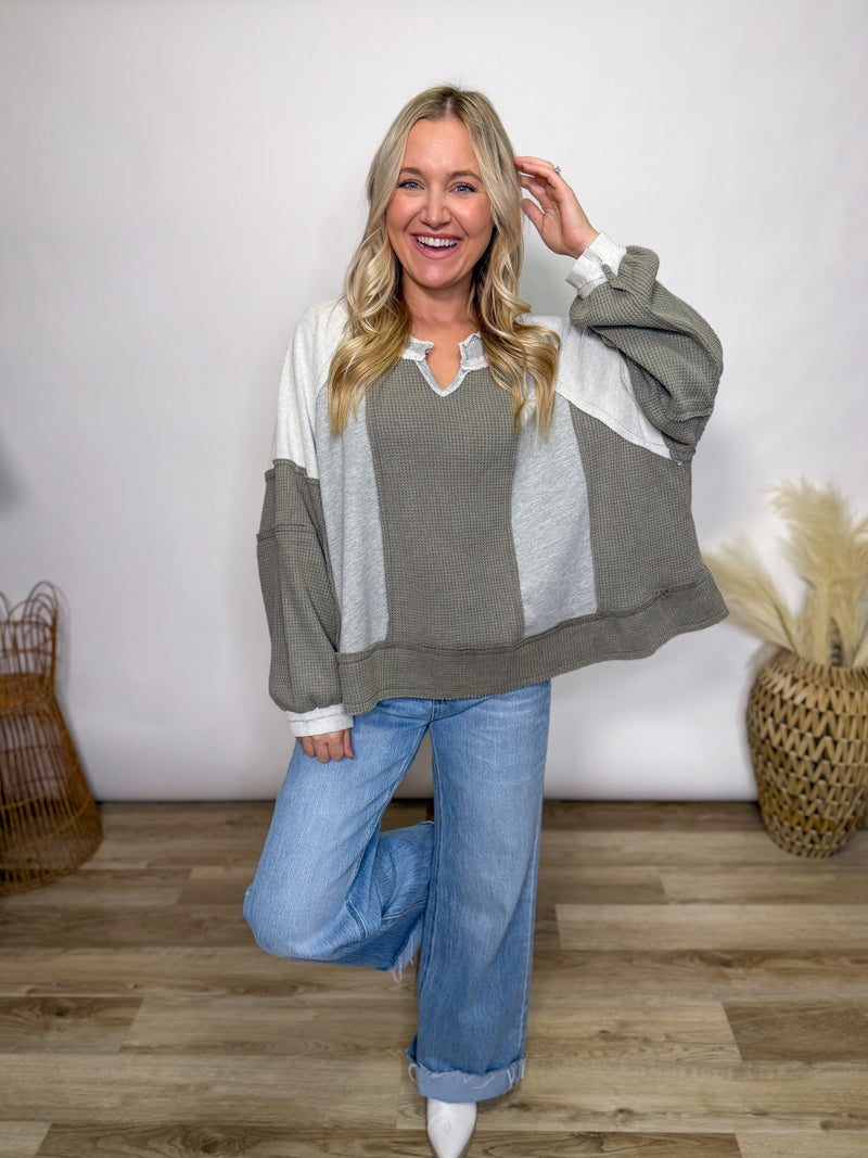 Grey Mixed Fabric Notched Neck Long Sleeve Oversized Knit Top. By POL