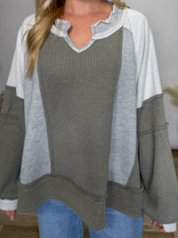 Grey Mixed Fabric Notched Neck Long Sleeve Oversized Knit Top. By POL