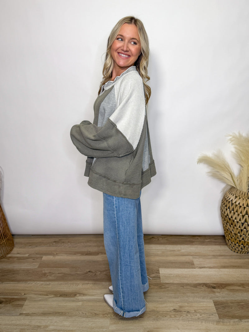 Grey Mixed Fabric Notched Neck Long Sleeve Oversized Knit Top. By POL