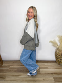 Grey Mixed Fabric Notched Neck Long Sleeve Oversized Knit Top. By POL