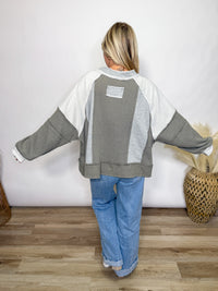 Grey Mixed Fabric Notched Neck Long Sleeve Oversized Knit Top. By POL