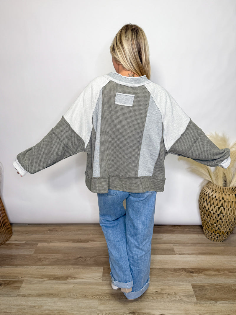 Grey Mixed Fabric Notched Neck Long Sleeve Oversized Knit Top. By POL