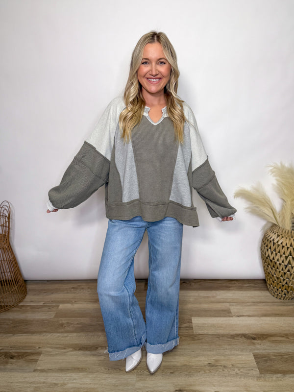 Grey Mixed Fabric Notched Neck Long Sleeve Oversized Knit Top. By POL