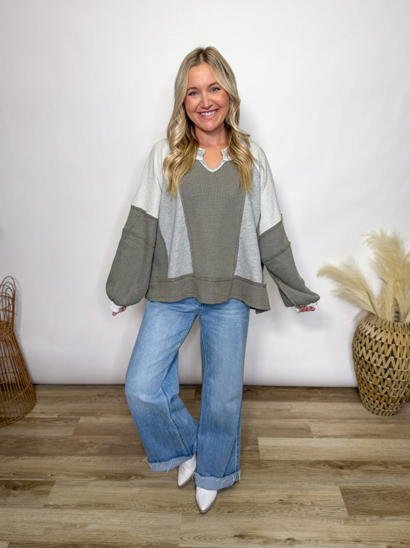 Grey Mixed Fabric Notched Neck Long Sleeve Oversized Knit Top. By POL