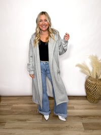 Grey fleece lined oversized hoodie cardigan with drawstring hood and pockets for women