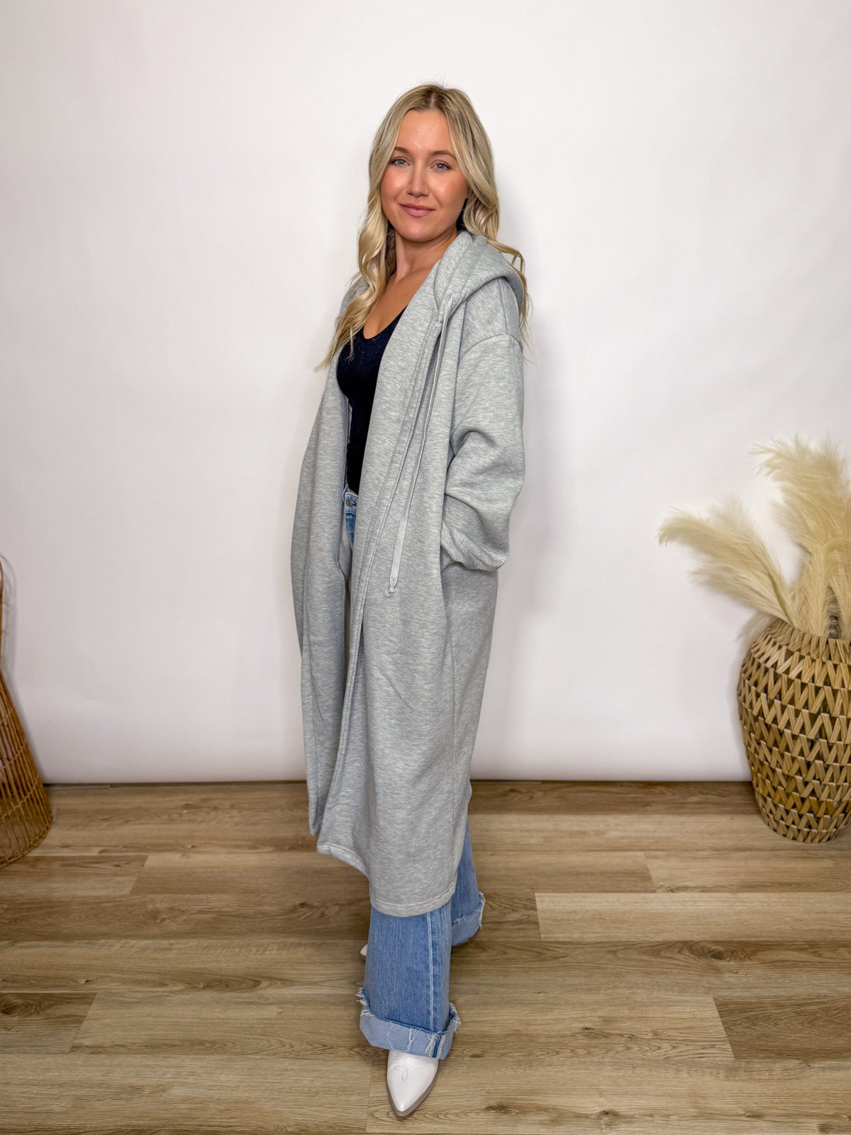 Grey fleece lined oversized hoodie cardigan with drawstring hood and pockets for women