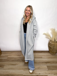 Grey fleece lined oversized hoodie cardigan with drawstring hood and pockets for women