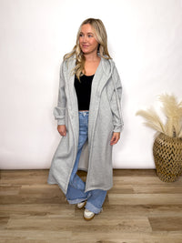 Grey fleece lined oversized hoodie cardigan with drawstring hood and pockets for women