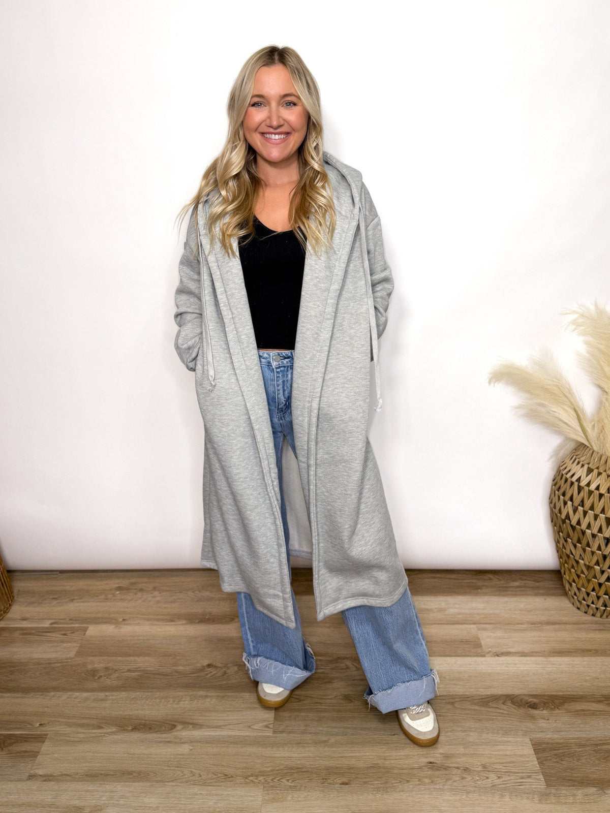Grey fleece lined oversized hoodie cardigan with drawstring hood and pockets for women 