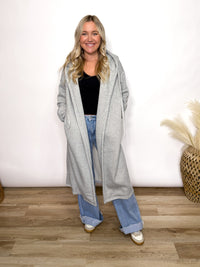 Grey fleece lined oversized hoodie cardigan with drawstring hood and pockets for women 