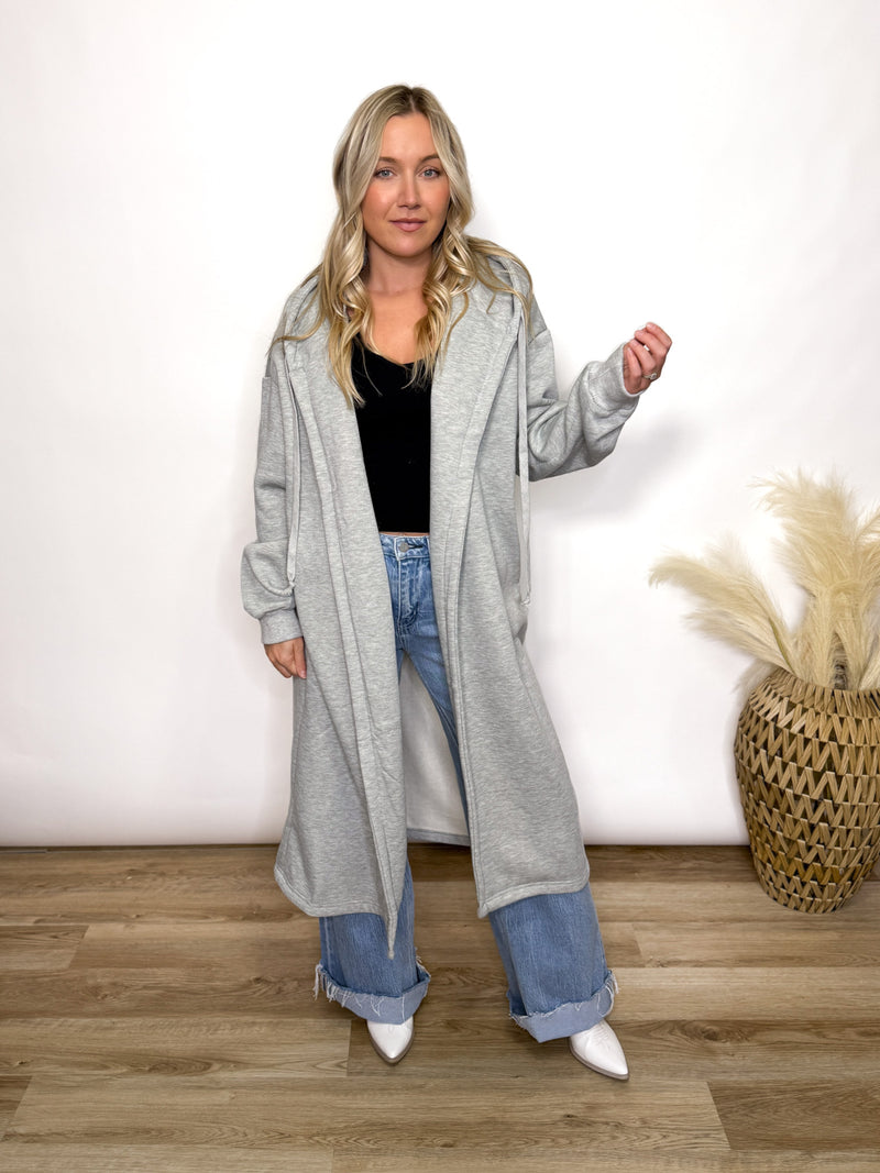 Grey fleece lined oversized hoodie cardigan with drawstring hood and pockets for women