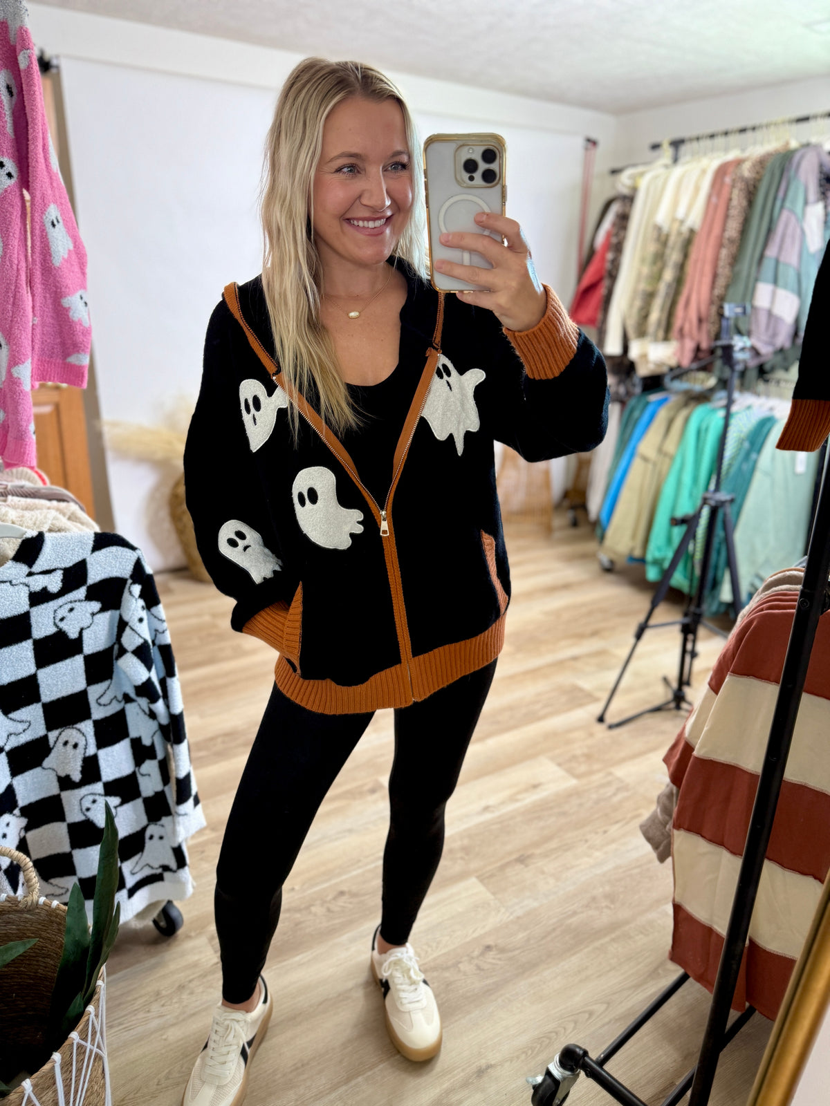 Halloween ghost zip up hoodie jacket - mirror selfie - orange trim black jacket 