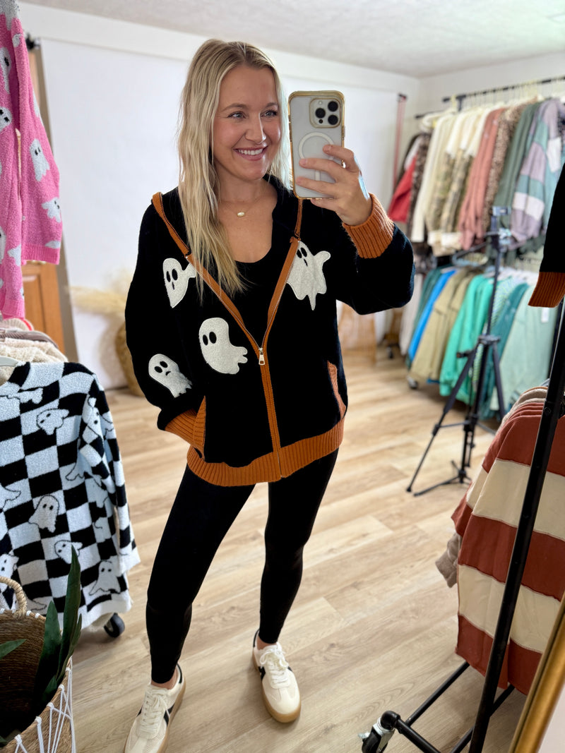 Halloween ghost zip up hoodie jacket - mirror selfie - orange trim black jacket 