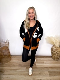 Halloween ghost zip up hoodie jacket - orange trim black jacket 