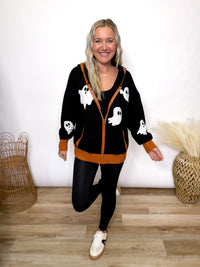 Halloween ghost zip up hoodie jacket - orange trim black jacket 