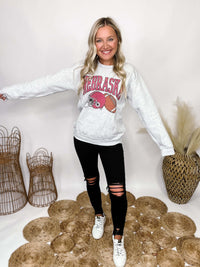 Heather Grey Nebraska Football Helmet and Football Graphic Sweatshirt Unisex Sizing True to Size