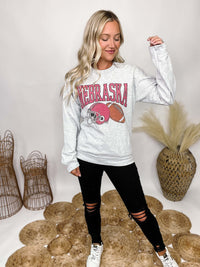 Heather Grey Nebraska Football Helmet and Football Graphic Sweatshirt Unisex Sizing True to Size