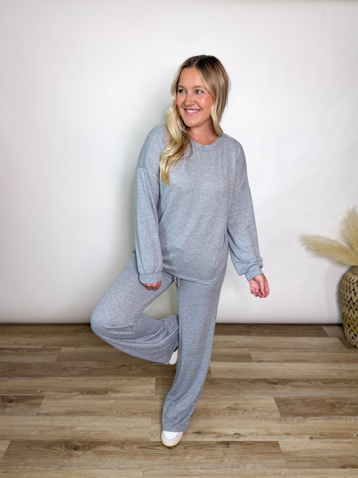 Women’s Heather Grey Soft Hacci Wide Leg Lounge Set